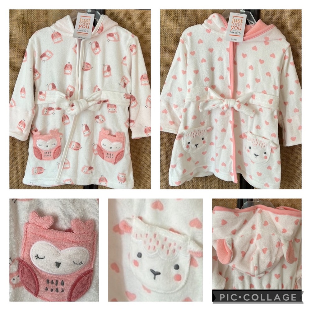 SET Carter’s Just One You Infant Girls Hooded Bath Robe Pink Hearts Sheep Owl